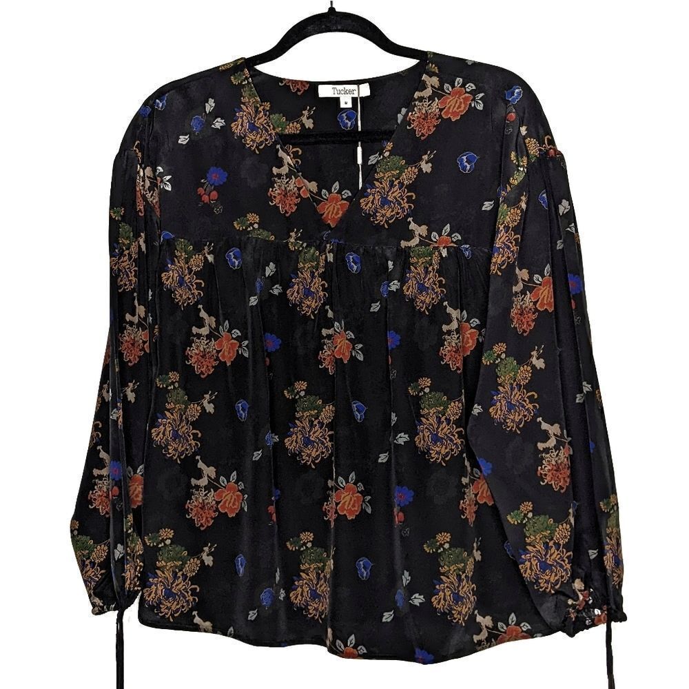 Tucker Bohemian Blouse Japanese Garden in Crepe de Chine Black Silk Floral